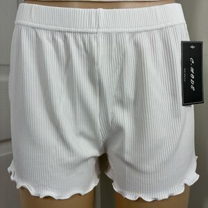 New Womens Shorts Sz L Stretch Ribbed White Ruffle Hem Casual Elastic Waist